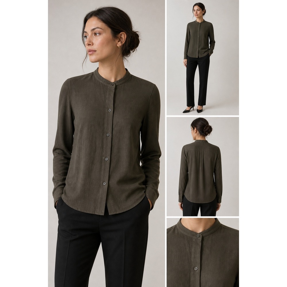 Helmut Lang Blouse XS Olive Green Minimalist Button Front Long Sleeve Portugal